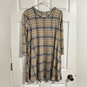 Tan and black long sleeve plaid dress